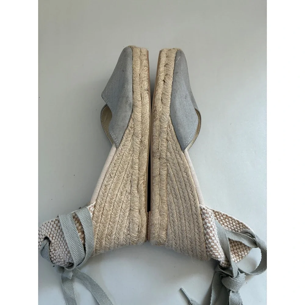 Soludos Womens Tall Wedge Espadrille Grey Canvas Ankle Tie Sandals 10